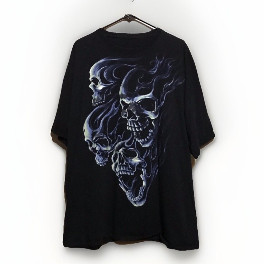 Vintage Big Graphic Print Flaming Blue Skulls‎ Skull 3X